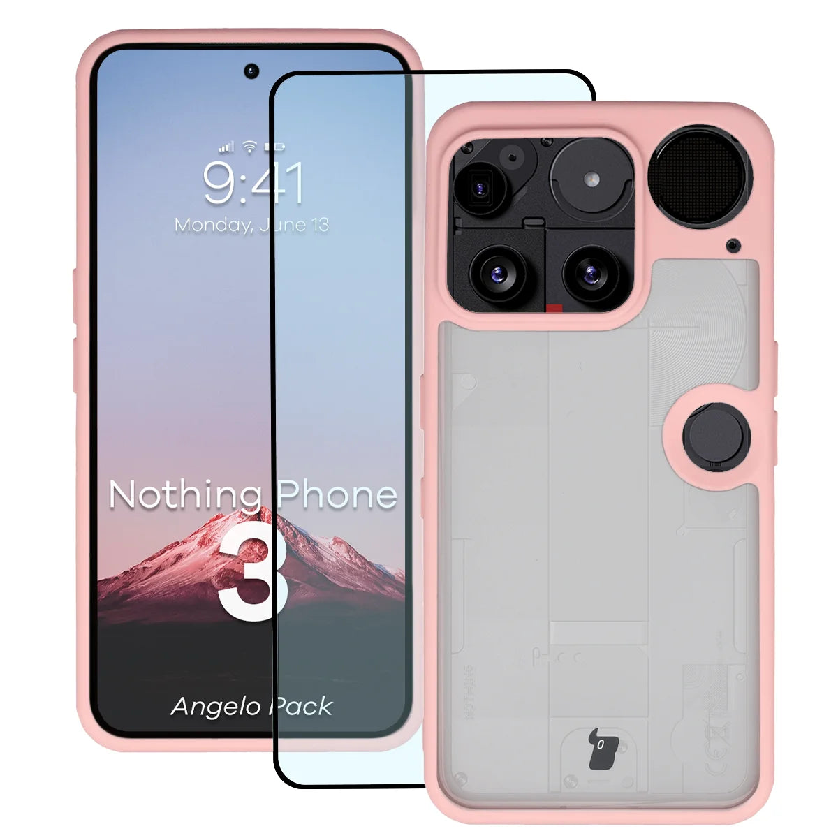 Schutzhülle + gehärtetem Glas für Nothing Phone (3), Bizon Angelo Pack, Semitransparent mit hellrosem Rahmen