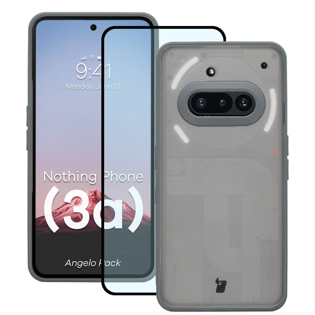 Schutzhülle + gehärtetem Glas für Nothing Phone (3a), Bizon Angelo Pack, Semitransparent mit grauem Rahmen