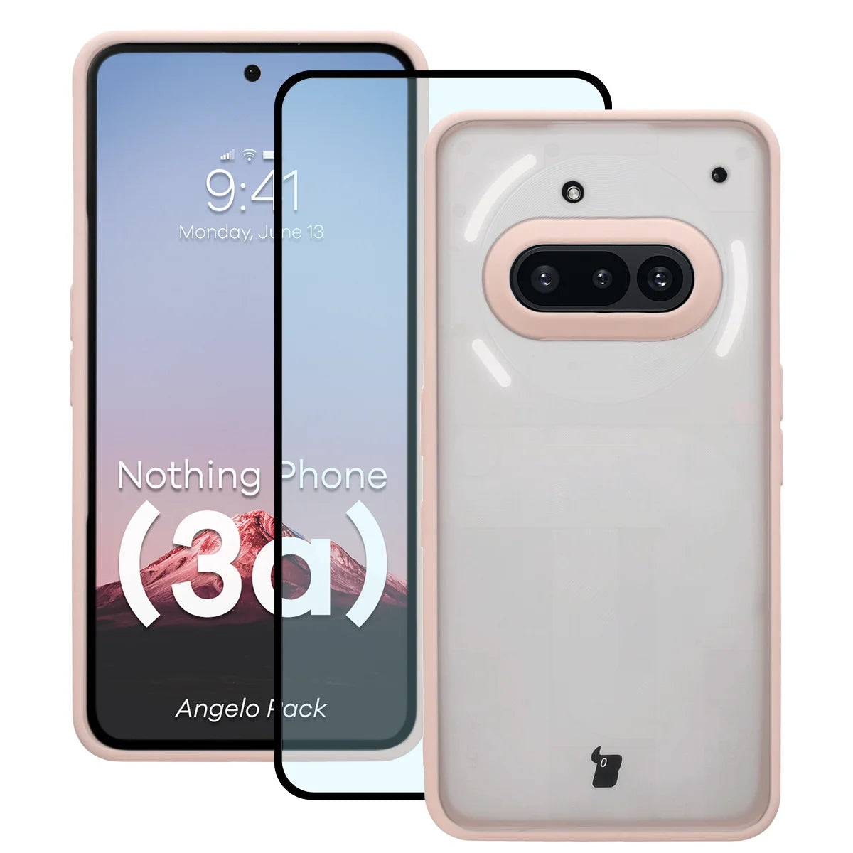Schutzhülle + gehärtetem Glas für Nothing Phone (3a), Bizon Angelo Pack, Semitransparent mit rosem Rahmen
