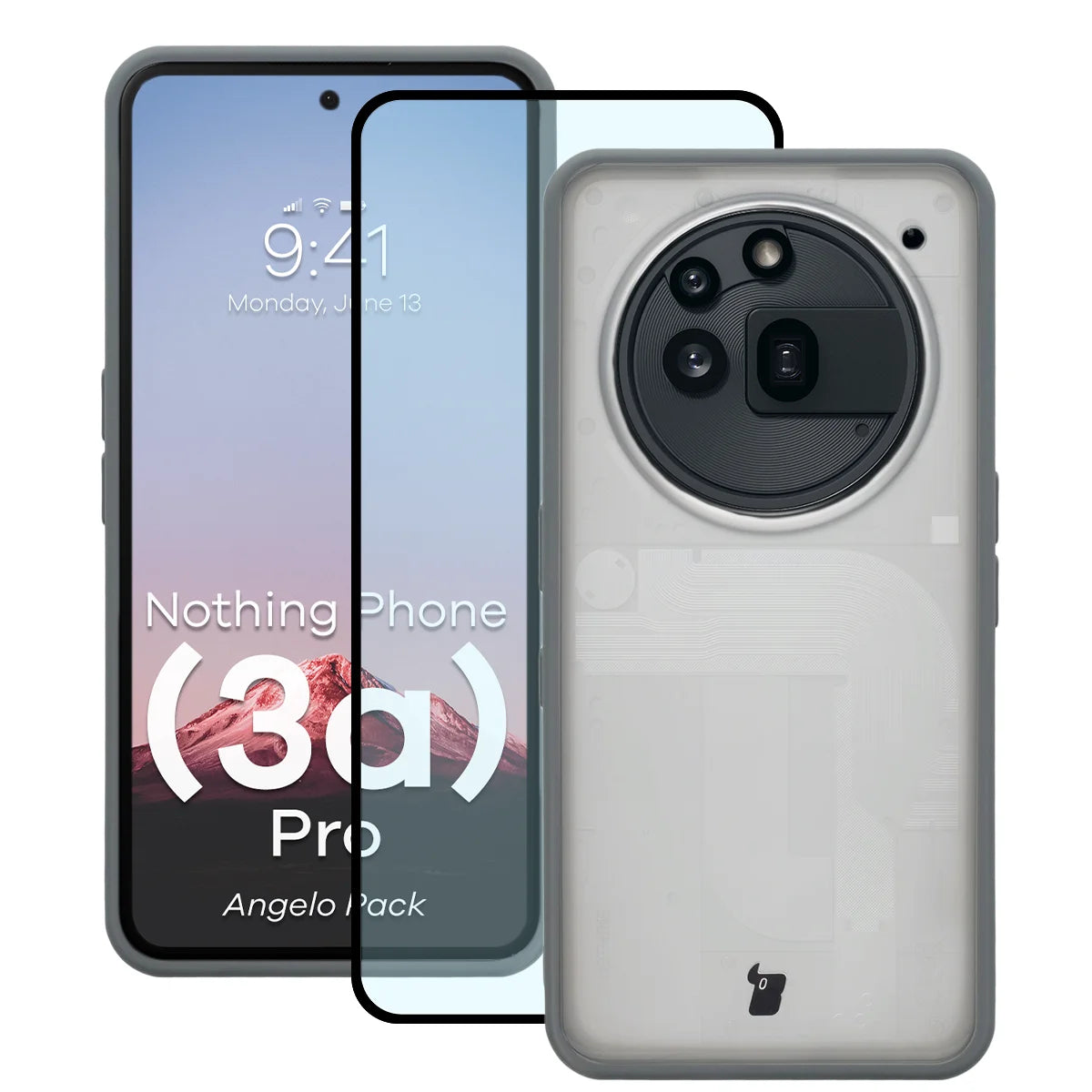 Schutzhülle + gehärtetem Glas für Nothing Phone (3a) Pro, Bizon Angelo Pack, Semitransparent mit grauem Rahmen
