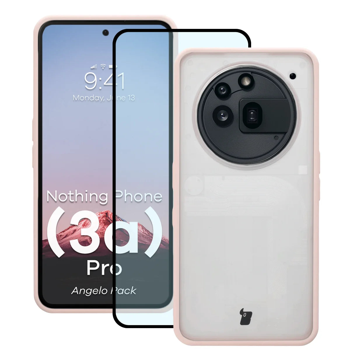 Schutzhülle + gehärtetem Glas für Nothing Phone (3a) Pro, Bizon Angelo Pack, Semitransparent mit rosem Rahmen