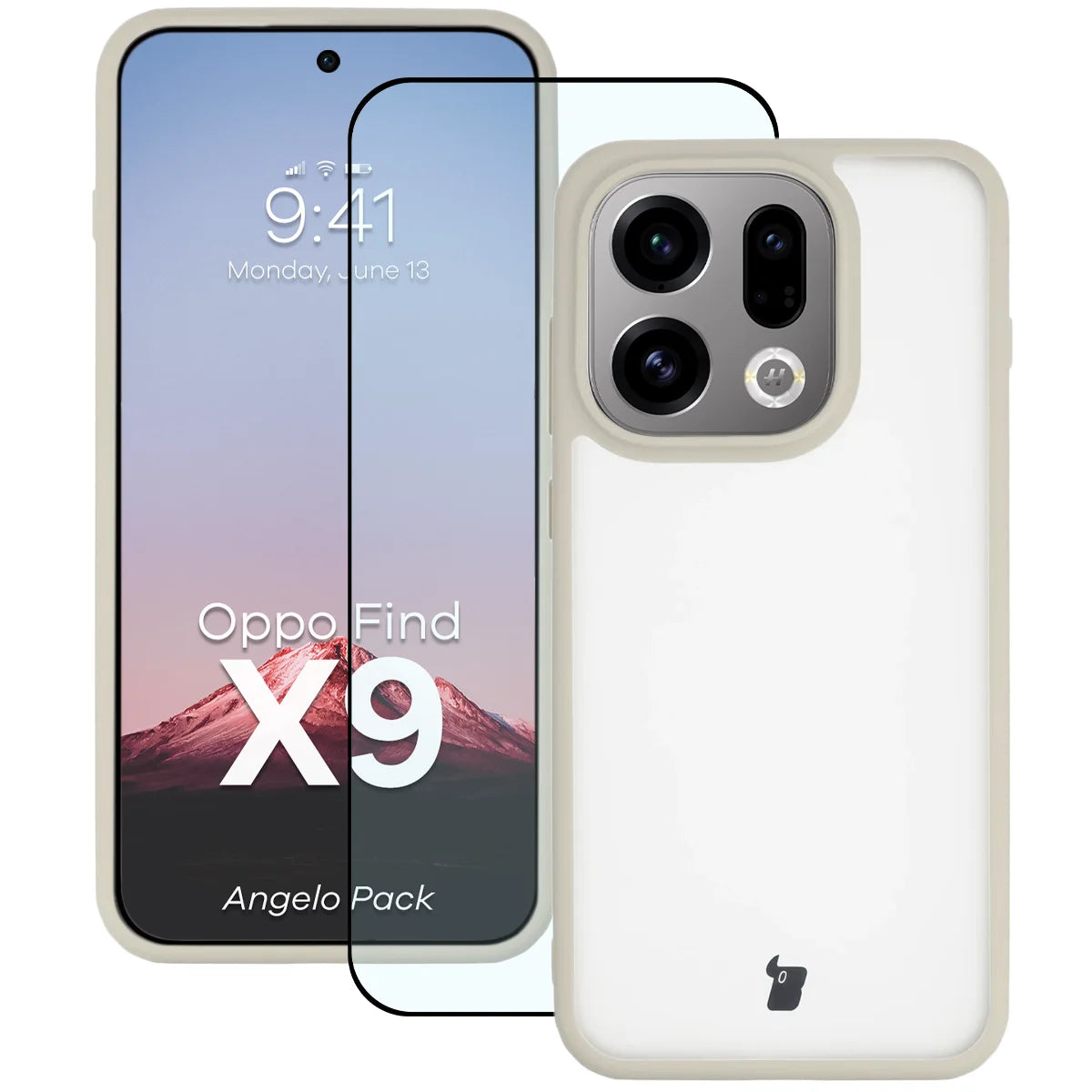 Schutzhülle + gehärtetem Glas für Oppo Find X9, Bizon Angelo Pack, Semitransparent mit beigem Rahmen