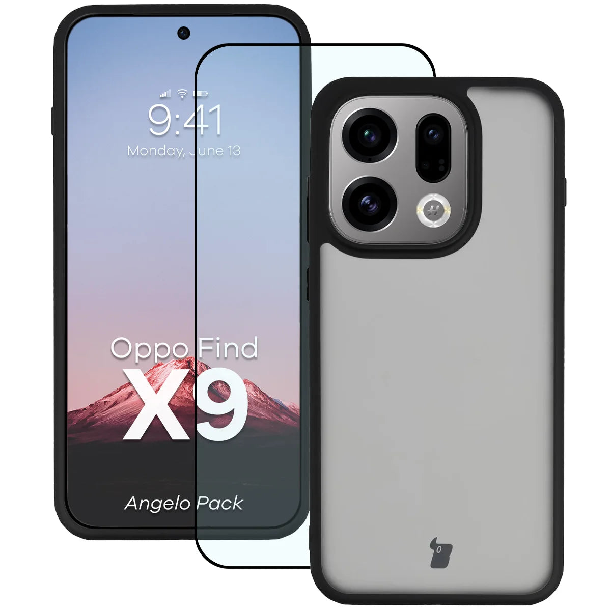 Schutzhülle + gehärtetem Glas für Oppo Find X9, Bizon Angelo Pack, Getönte mit schwarzem Rahmen