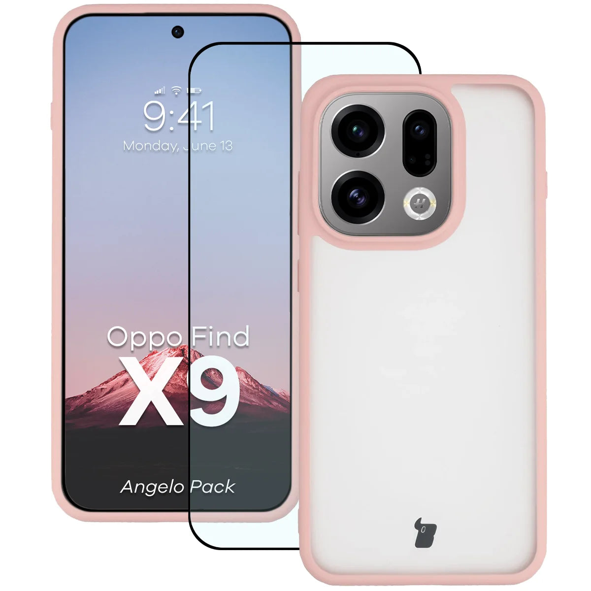 Schutzhülle + gehärtetem Glas für Oppo Find X9, Bizon Angelo Pack, Semitransparent mit hellrosem Rahmen