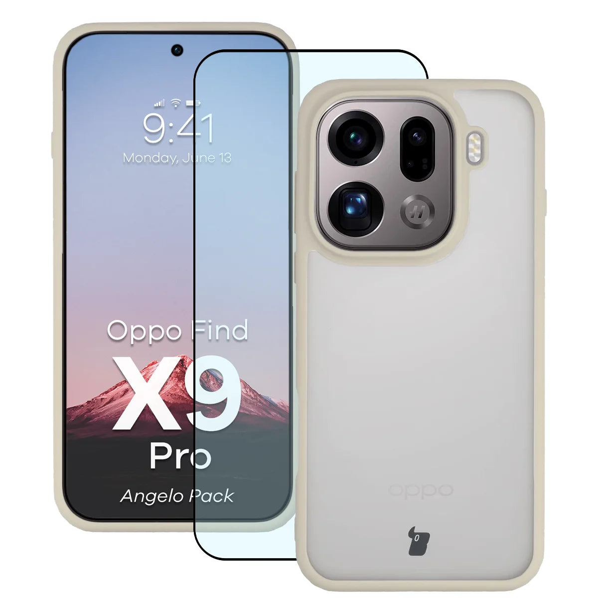 Schutzhülle + gehärtetem Glas für Oppo Find X9 Pro, Bizon Angelo Pack, Semitransparent mit beigem Rahmen