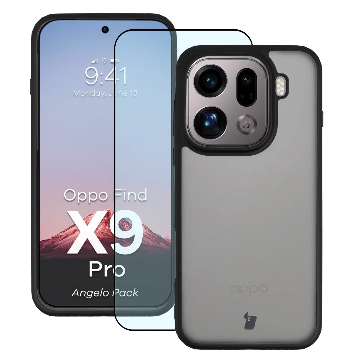 Schutzhülle + gehärtetem Glas für Oppo Find X9 Pro, Bizon Angelo Pack, Getönte mit schwarzem Rahmen