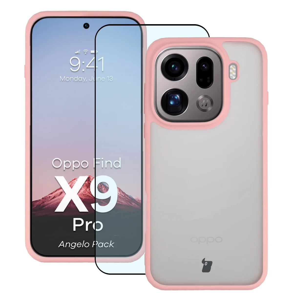 Schutzhülle + gehärtetem Glas für Oppo Find X9 Pro, Bizon Angelo Pack, Semitransparent mit hellrosem Rahmen