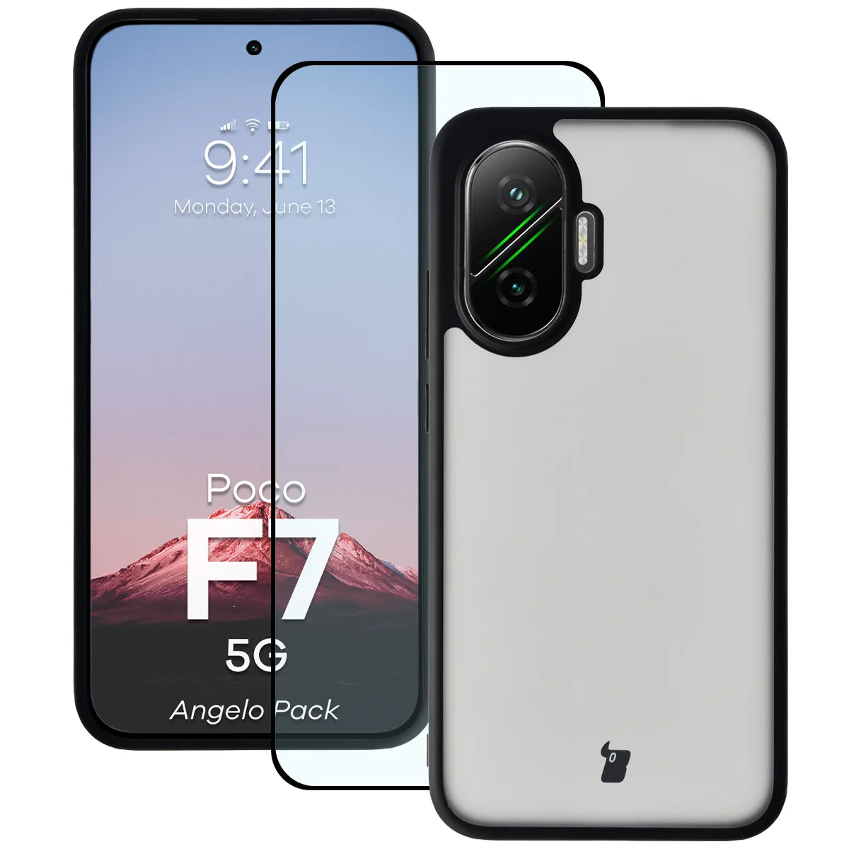 Schutzhülle + gehärtetem Glas für Xiaomi POCO F7, Bizon Angelo Pack, Getönte mit schwarzem Rahmen