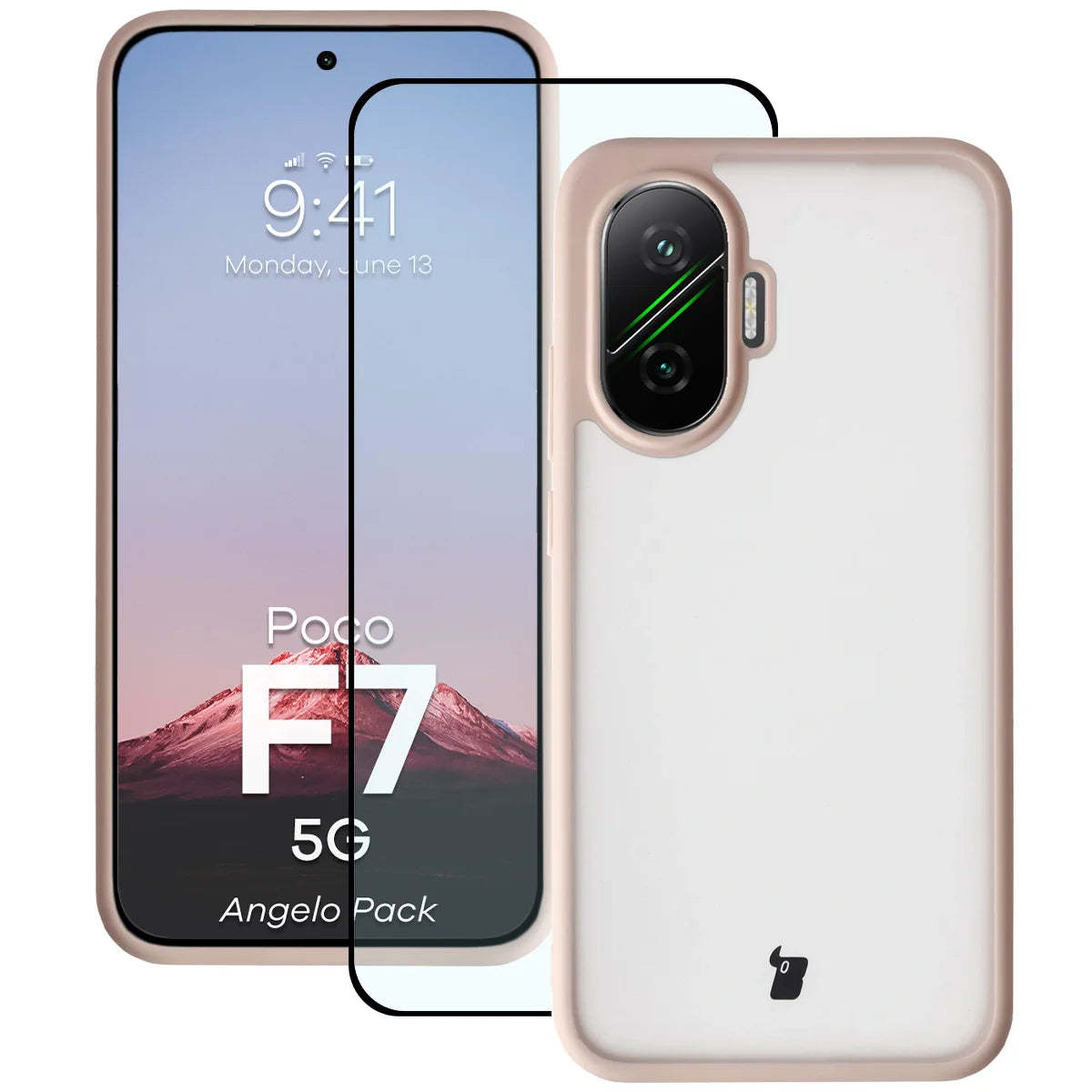 Schutzhülle + gehärtetem Glas für Xiaomi POCO F7, Bizon Angelo Pack, Semitransparent mit rosem Rahmen