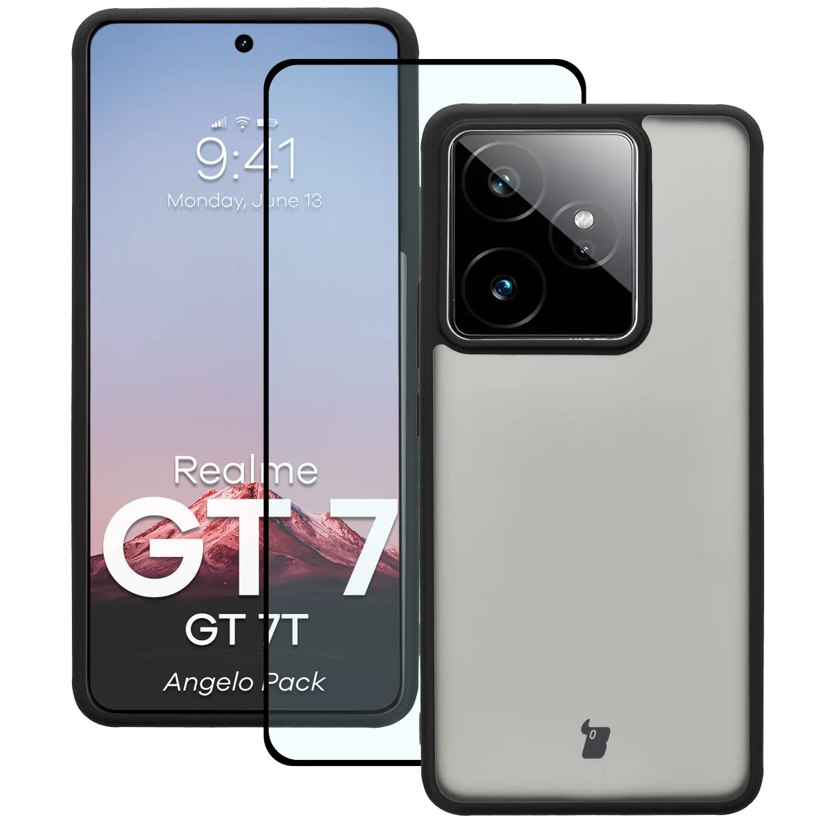 Schutzhülle + gehärtetem Glas für Realme GT 7 / 7T, Bizon Angelo Pack, Getönte mit schwarzem Rahmen