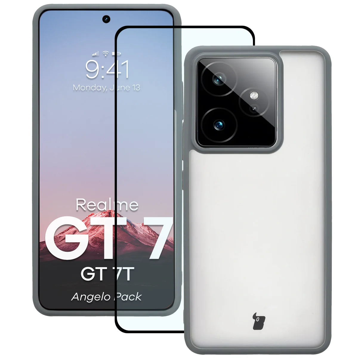 Schutzhülle + gehärtetem Glas für Realme GT 7 / 7T, Bizon Angelo Pack, Semitransparent mit grauem Rahmen