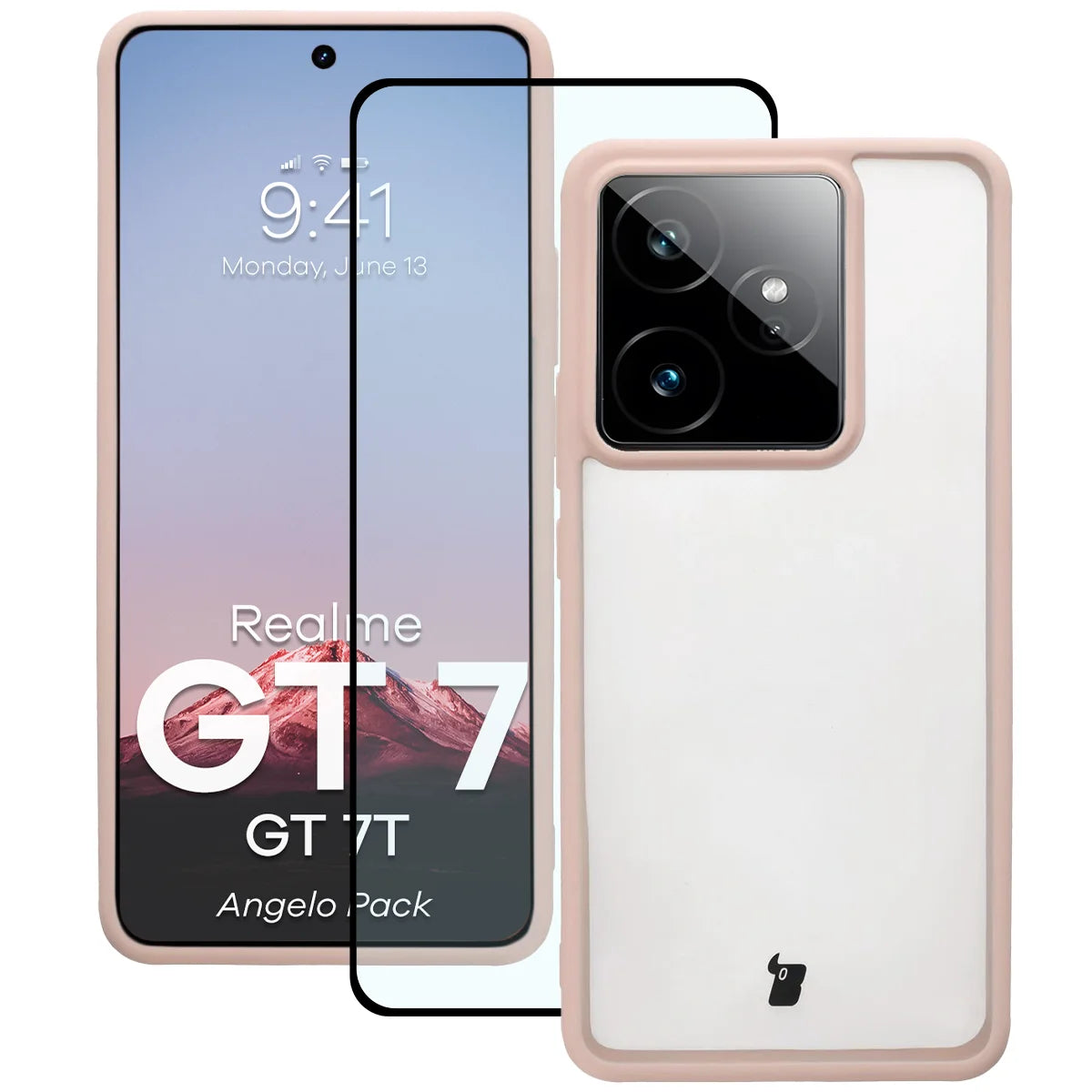 Schutzhülle + gehärtetem Glas für Realme GT 7 / 7T, Bizon Angelo Pack, Semitransparent mit rosem Rahmen