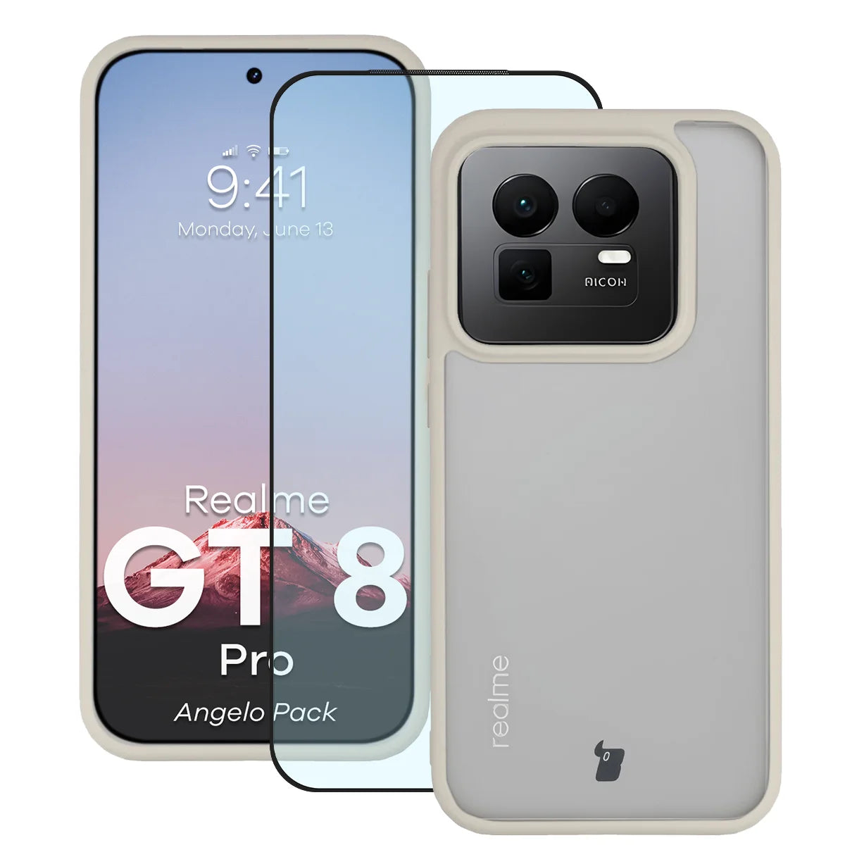 Schutzhülle + gehärtetem Glas für Realme GT 8 Pro, Bizon Angelo Pack, Semitransparent mit beigem Rahmen