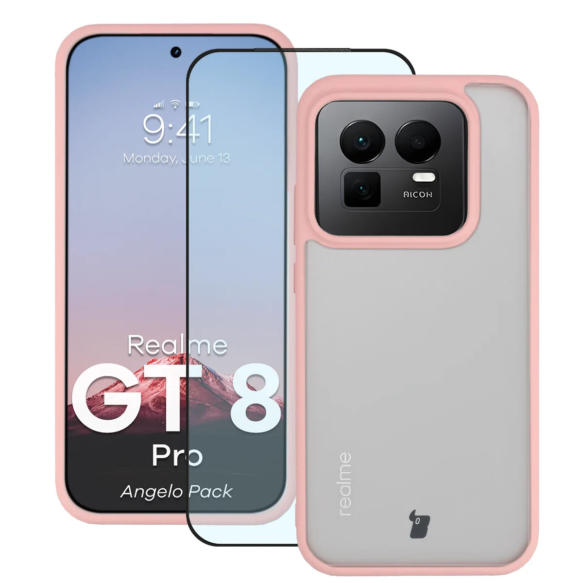 Schutzhülle + gehärtetem Glas für Realme GT 8 Pro, Bizon Angelo Pack, Semitransparent mit hellrosem Rahmen