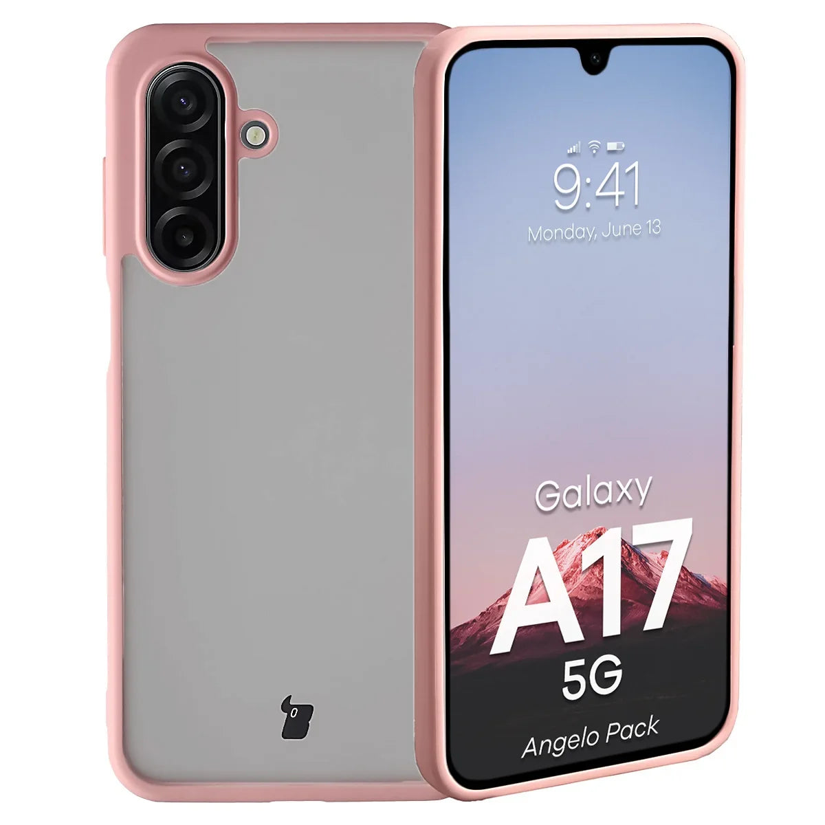 Schutzhülle + gehärtetem Glas für Galaxy A17 5G, Bizon Angelo Pack, Semitransparent mit hellrosem Rahmen