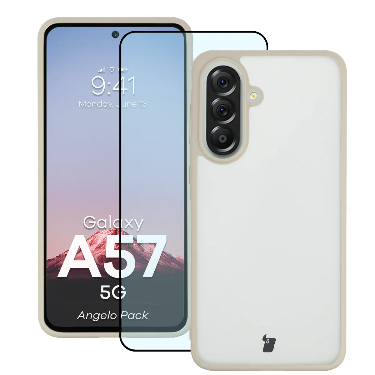 Schutzhülle + gehärtetem Glas für Galaxy A57 5G, Bizon Angelo Pack, Semitransparent mit beigem Rahmen