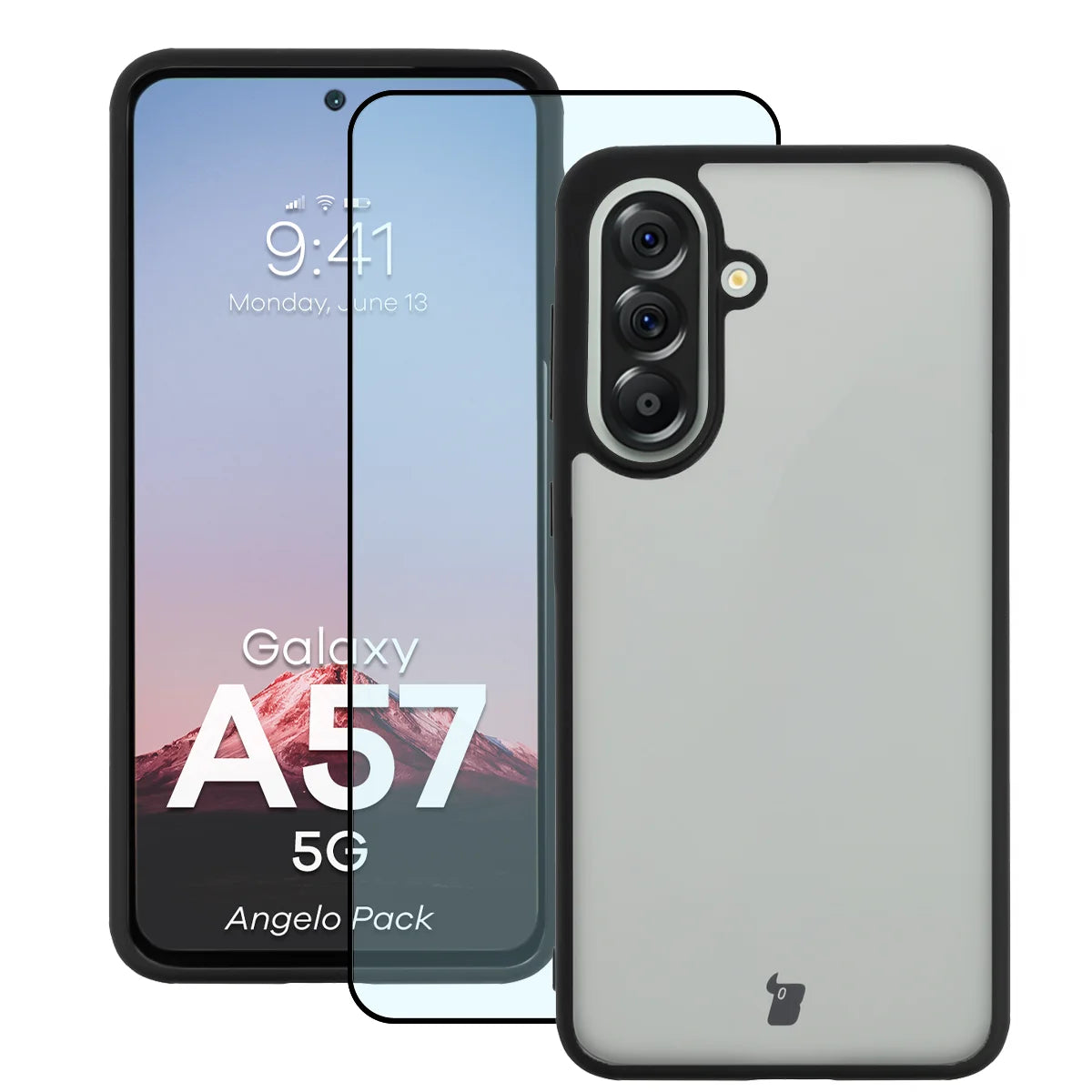 Schutzhülle + gehärtetem Glas für Galaxy A57 5G, Bizon Angelo Pack, Getönte mit schwarzem Rahmen