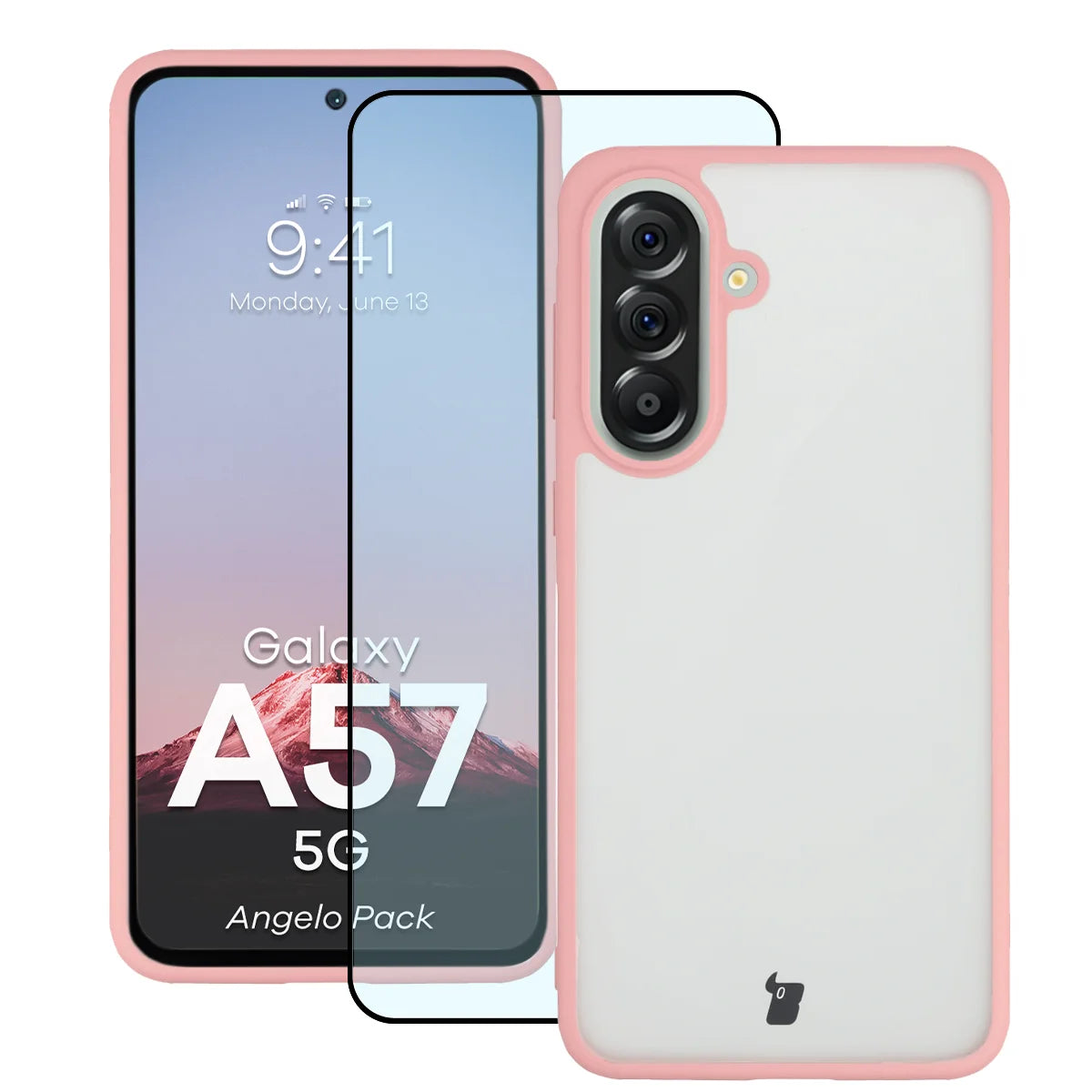 Schutzhülle + gehärtetem Glas für Galaxy A57 5G, Bizon Angelo Pack, Semitransparent mit hellrosem Rahmen