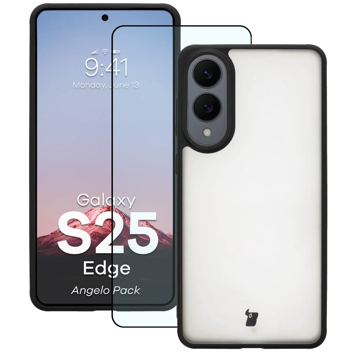 Schutzhülle + gehärtetem Glas für Galaxy S25 Edge, Bizon Angelo Pack, Getönte mit schwarzem Rahmen
