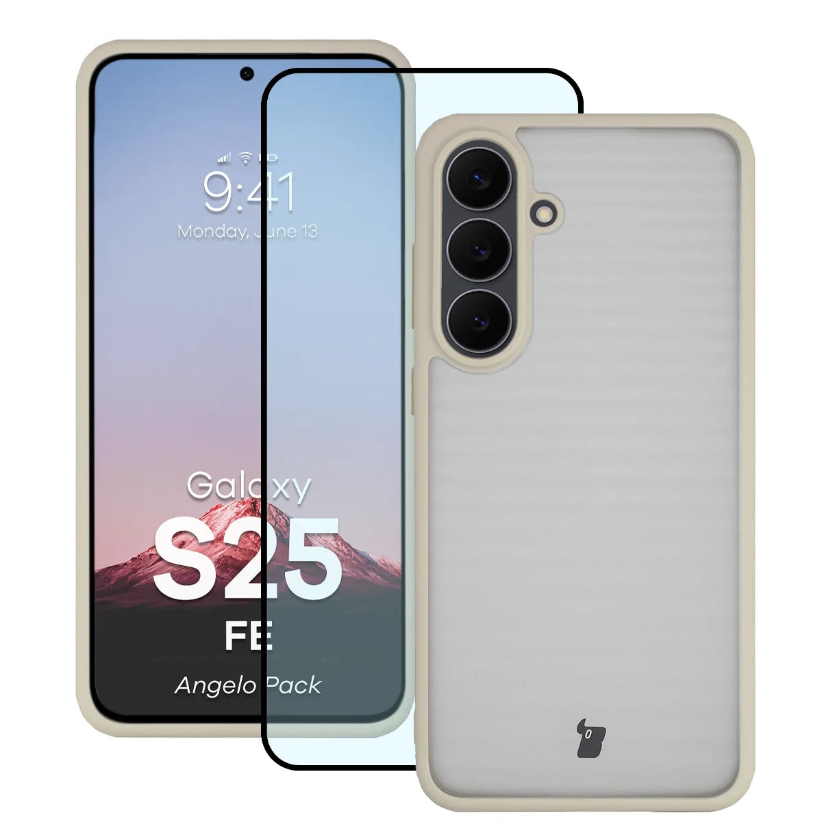 Schutzhülle + gehärtetem Glas für Galaxy S25 FE, Bizon Angelo Pack, Semitransparent mit beigem Rahmen