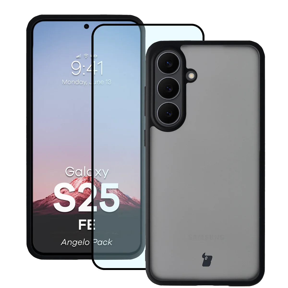 Schutzhülle + gehärtetem Glas für Galaxy S25 FE, Bizon Angelo Pack, Getönte mit schwarzem Rahmen