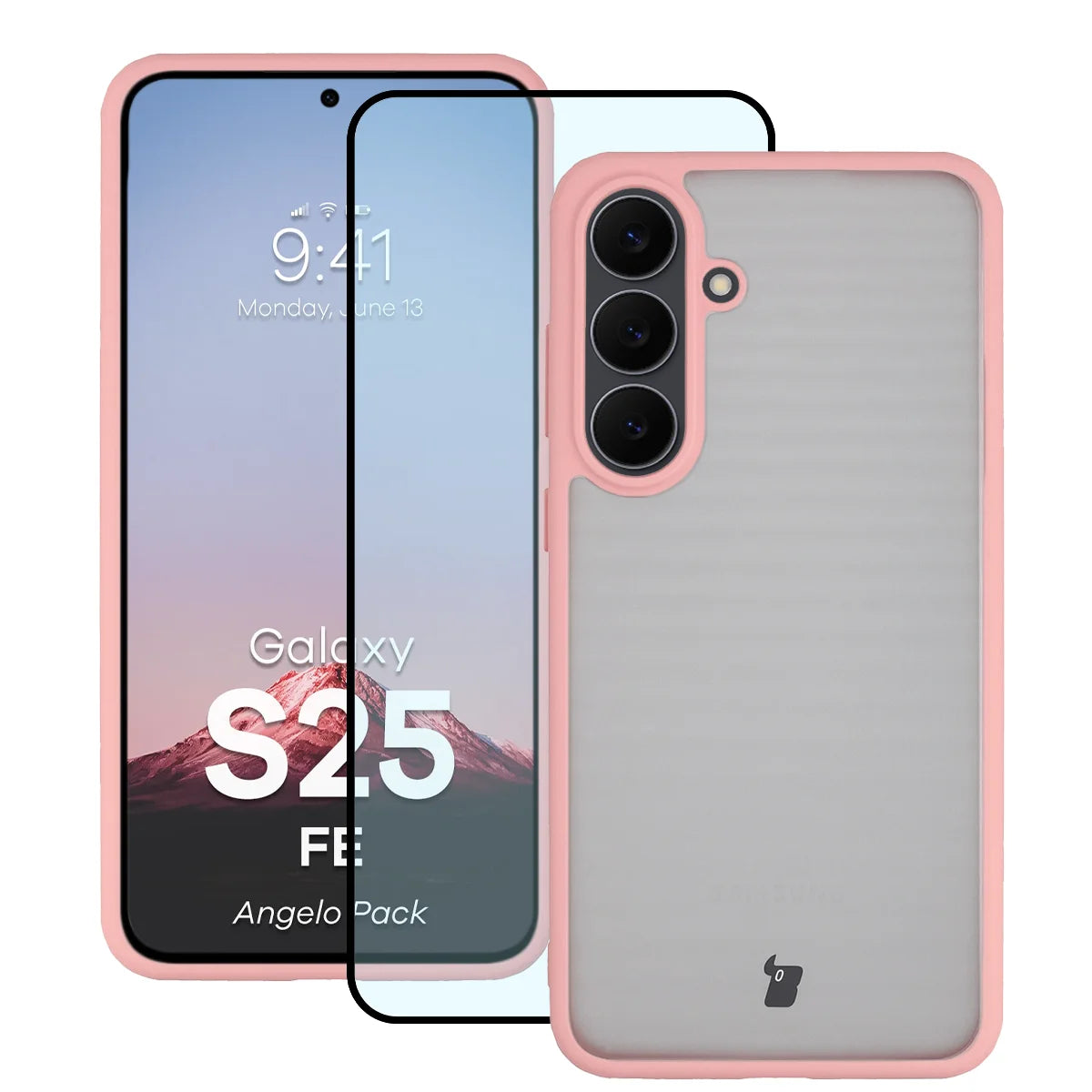 Schutzhülle + gehärtetem Glas für Galaxy S25 FE, Bizon Angelo Pack, Semitransparent mit hellrosem Rahmen