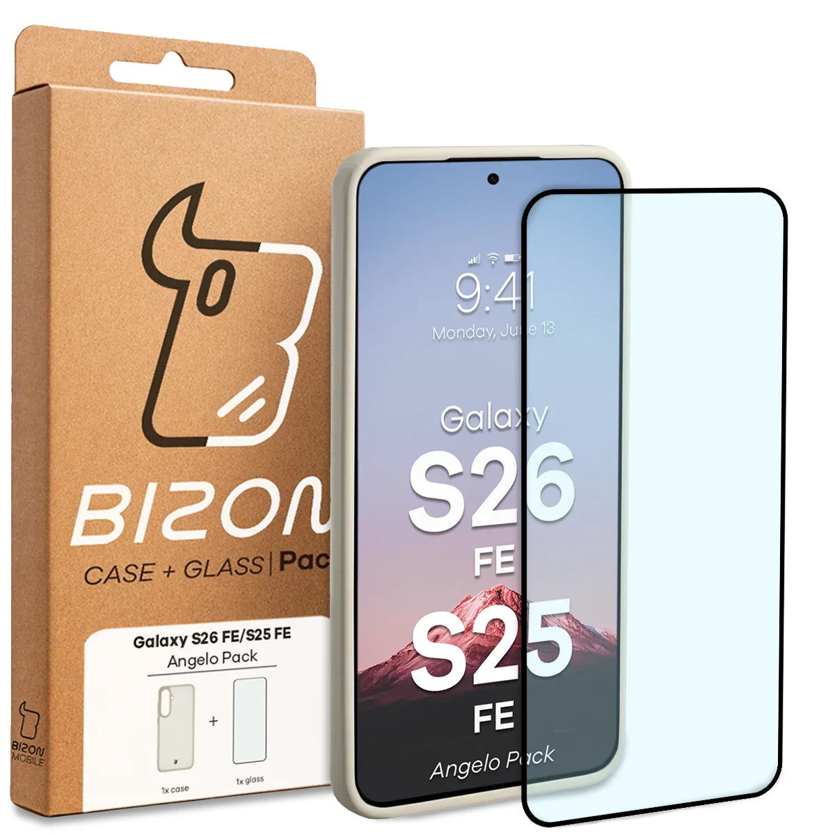 Schutzhülle + gehärtetem Glas für Galaxy S26 FE / S25 FE, Bizon Angelo Pack, Semitransparent mit beigem Rahmen (8/8)