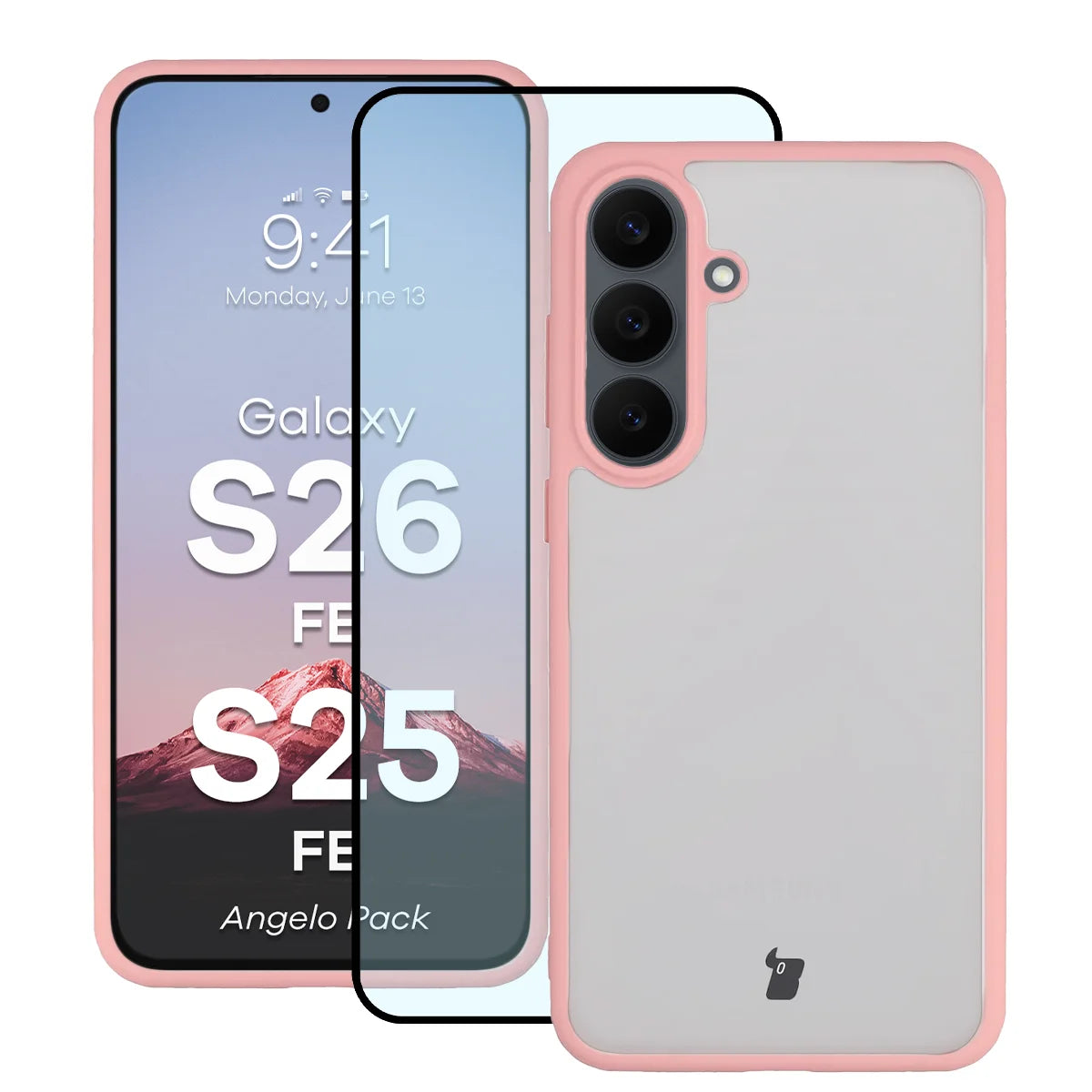Schutzhülle + gehärtetem Glas für Galaxy S26 FE / S25 FE, Bizon Angelo Pack, Semitransparent mit hellrosem Rahmen (1/8)