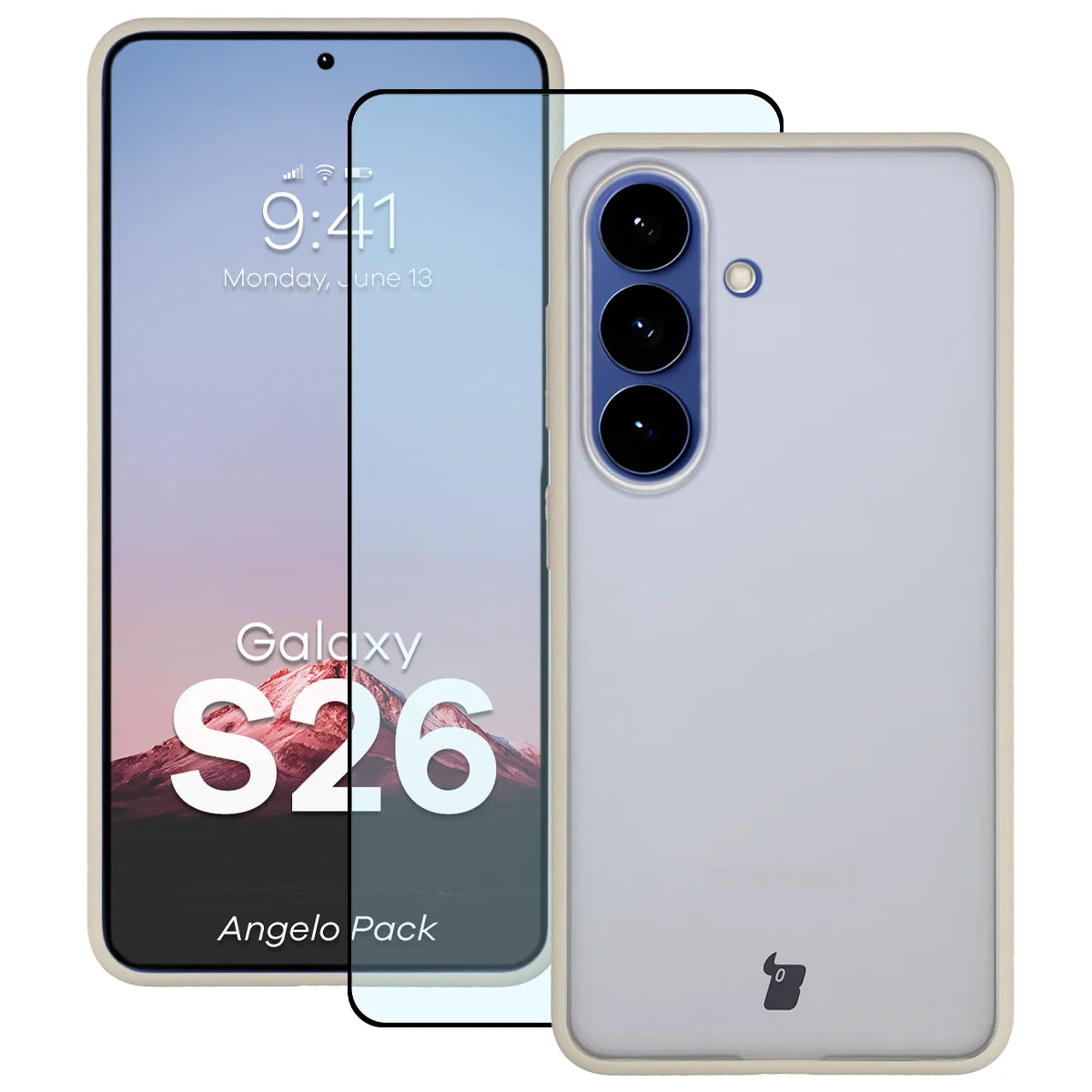 Schutzhülle + gehärtetem Glas für Galaxy S26, Bizon Angelo Pack, Semitransparent mit beigem Rahmen