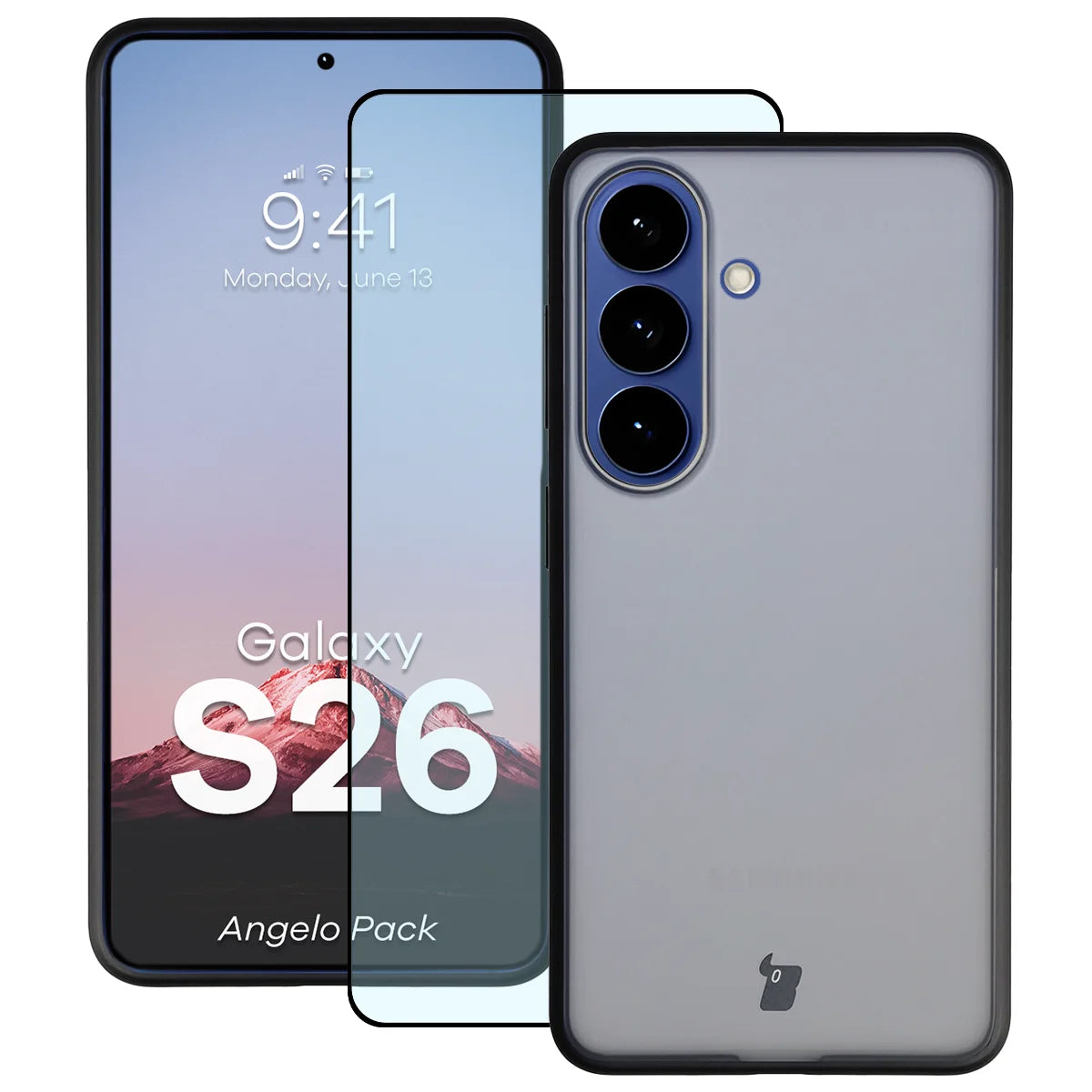 Schutzhülle + gehärtetem Glas für Galaxy S26, Bizon Angelo Pack, Getönte mit schwarzem Rahmen