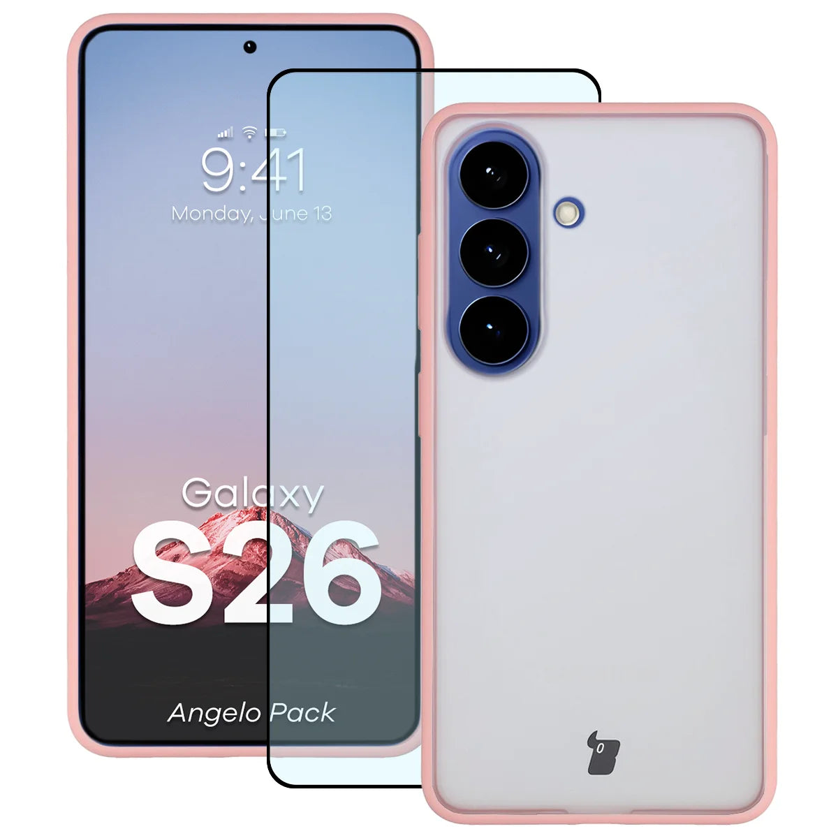 Schutzhülle + gehärtetem Glas für Galaxy S26, Bizon Angelo Pack, Semitransparent mit hellrosem Rahmen