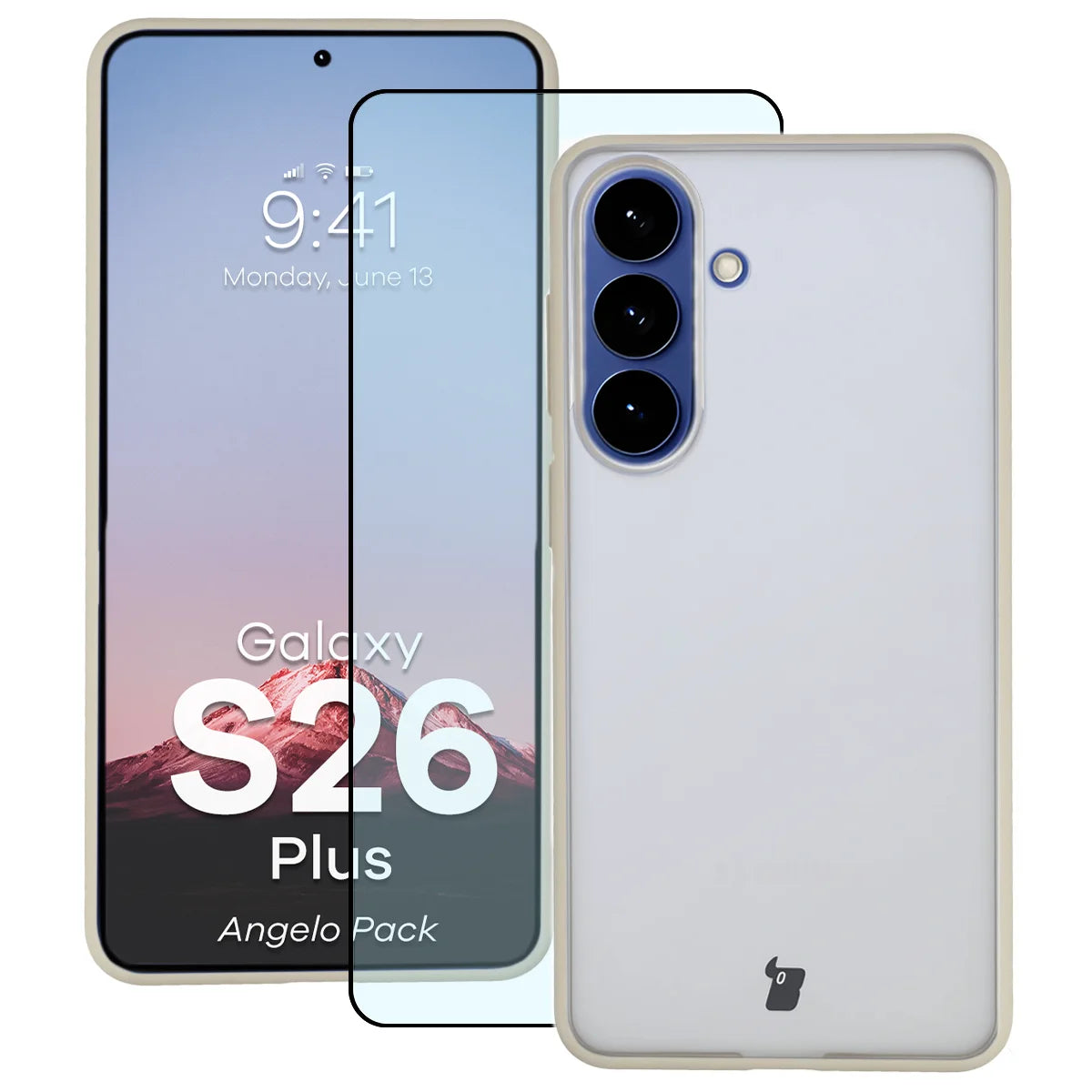 Schutzhülle + gehärtetem Glas für Galaxy S26 Plus, Bizon Angelo Pack, Semitransparent mit beigem Rahmen