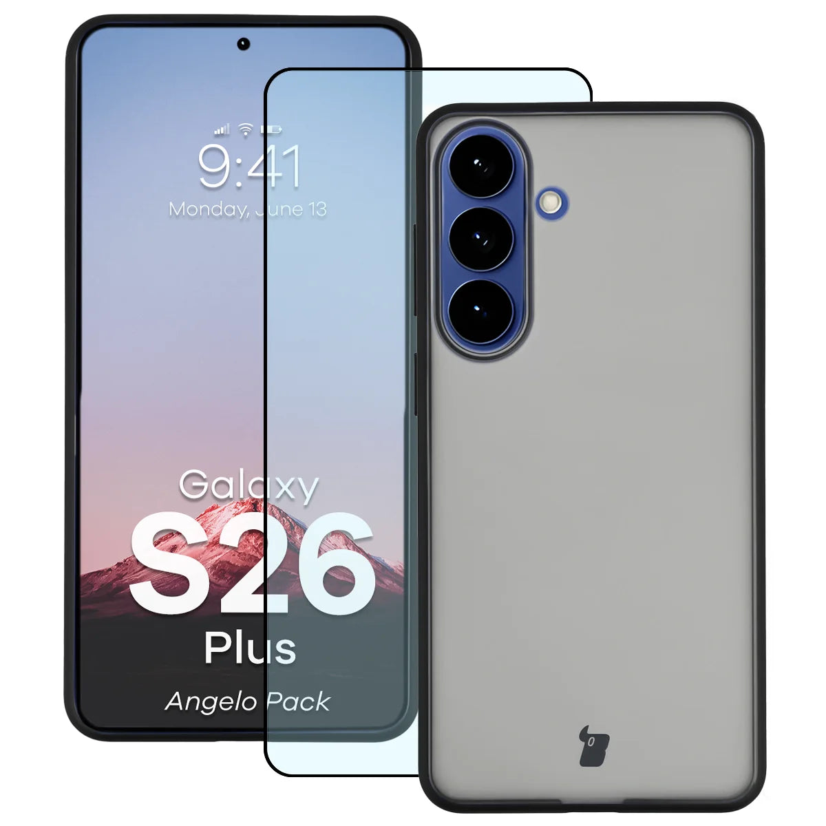 Schutzhülle + gehärtetem Glas für Galaxy S26 Plus, Bizon Angelo Pack, Getönte mit schwarzem Rahmen