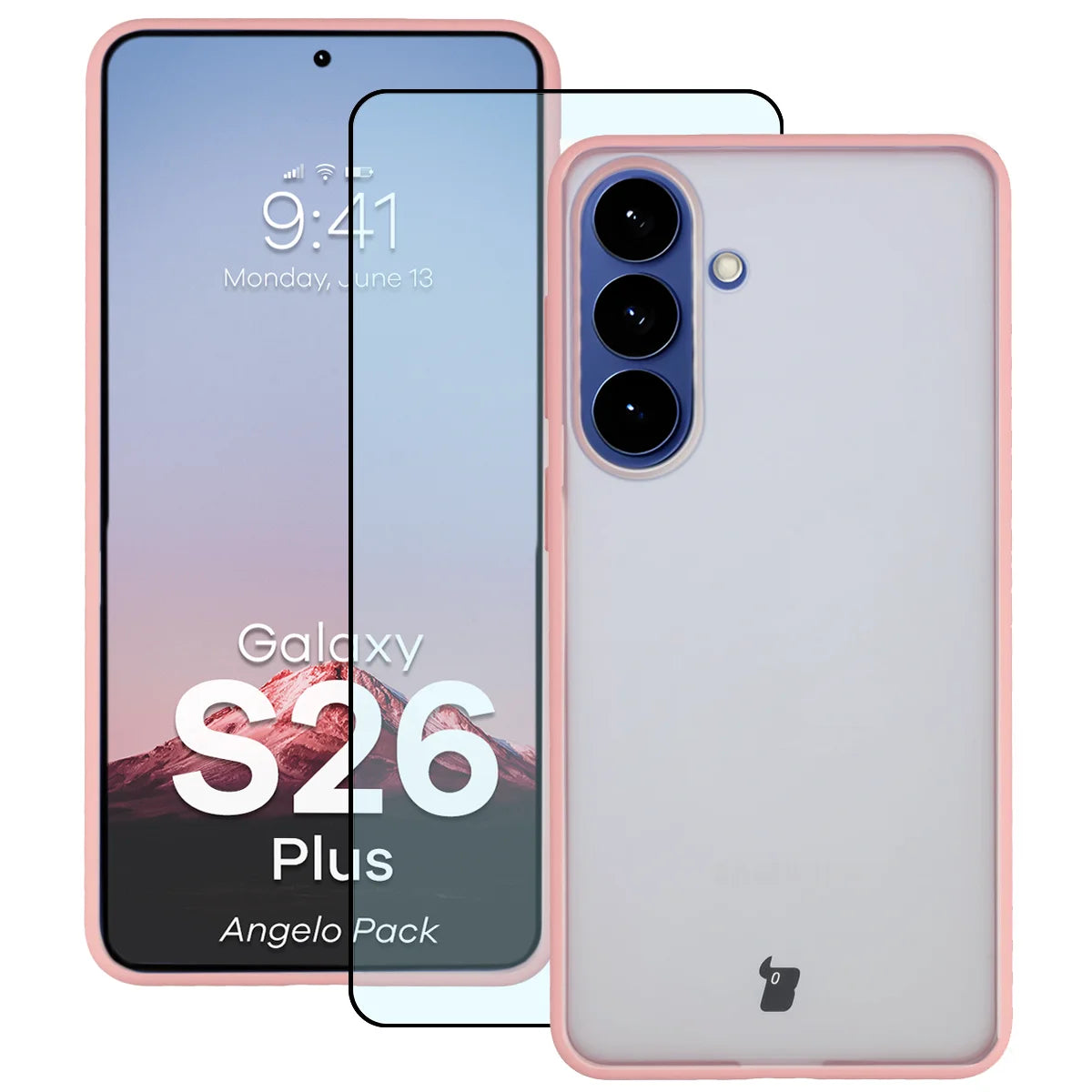 Schutzhülle + gehärtetem Glas für Galaxy S26 Plus, Bizon Angelo Pack, Semitransparent mit hellrosem Rahmen