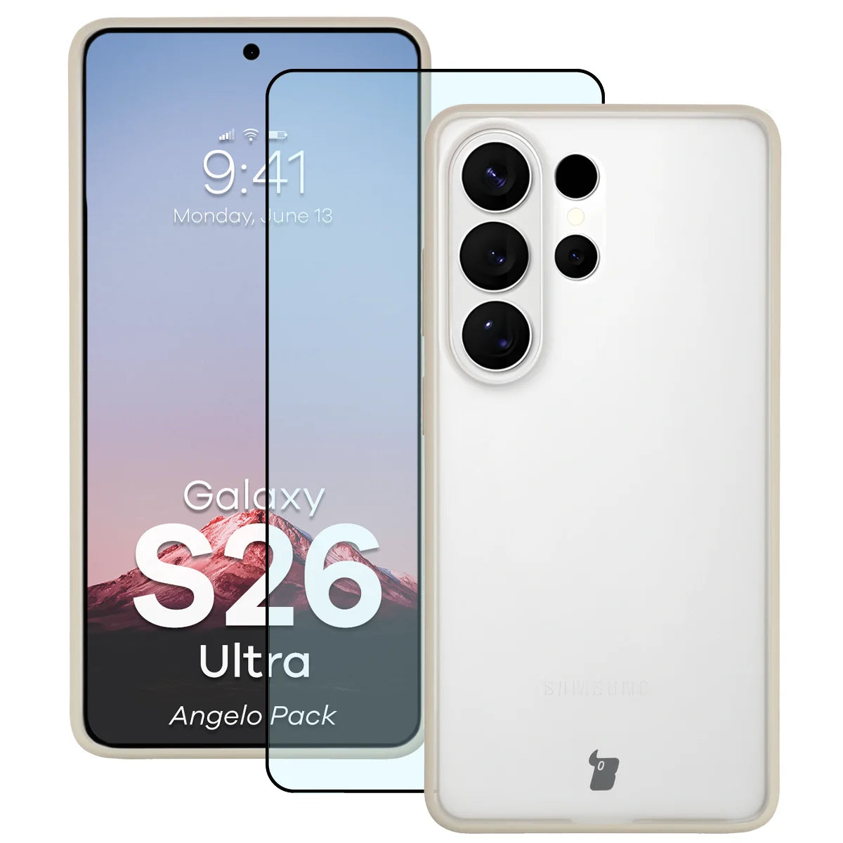 Schutzhülle + gehärtetem Glas für Galaxy S26 Ultra, Bizon Angelo Pack, Semitransparent mit beigem Rahmen