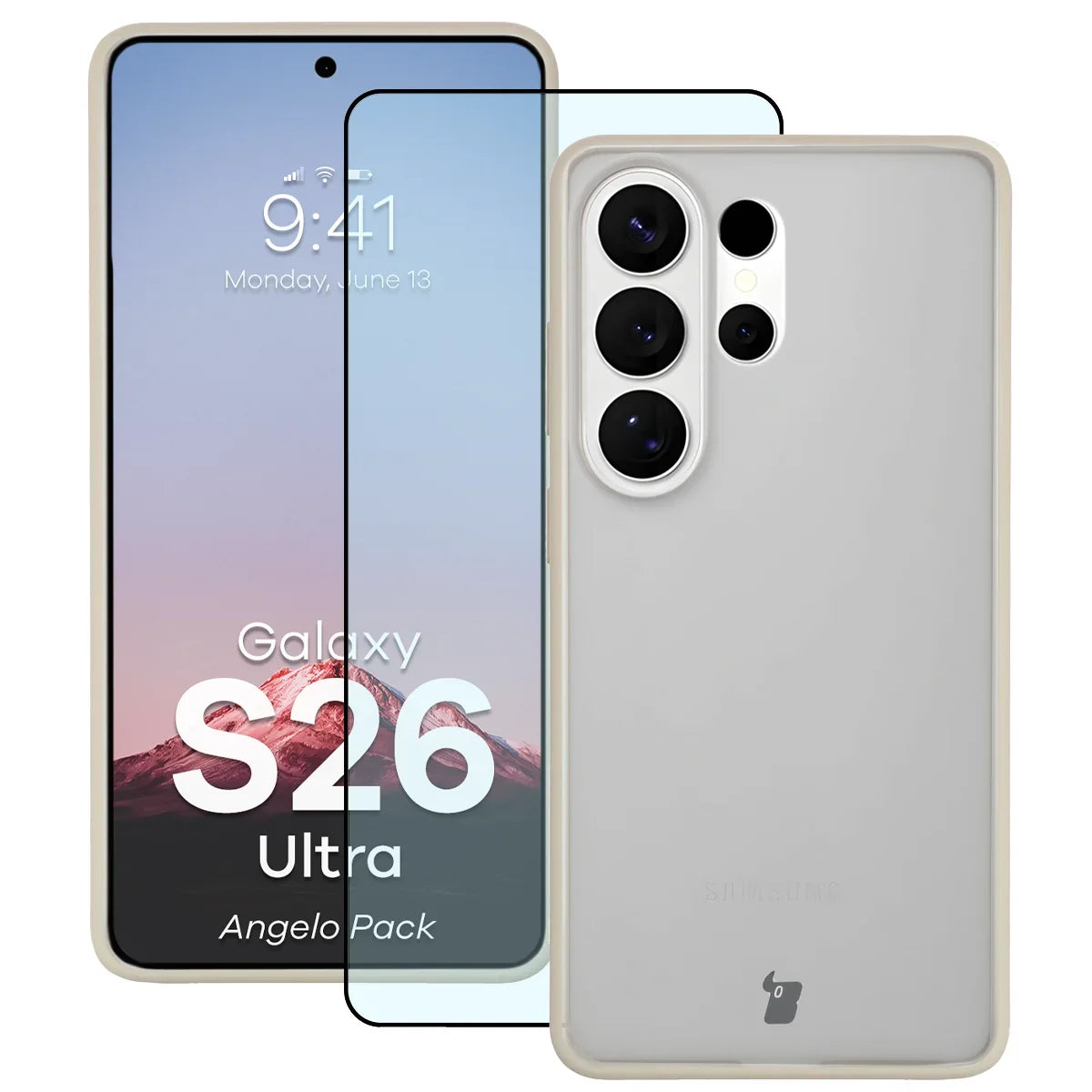 Schutzhülle + gehärtetem Glas für Galaxy S26 Ultra, Bizon Angelo Pack, Semitransparent mit beigem Rahmen