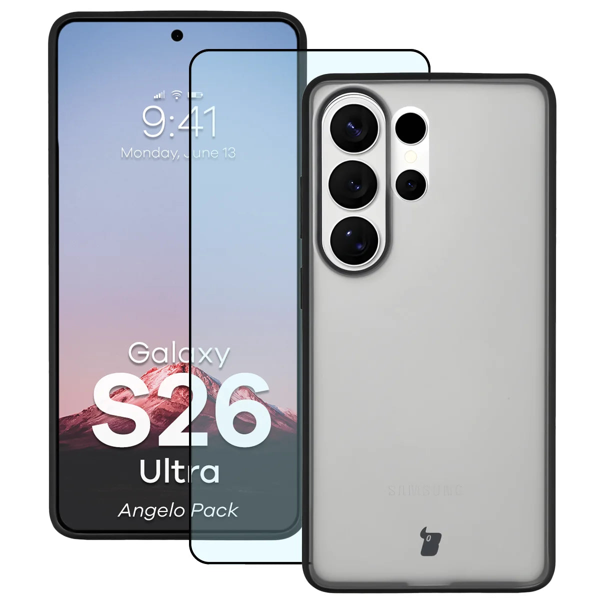 Schutzhülle + gehärtetem Glas für Galaxy S26 Ultra, Bizon Angelo Pack, Getönte mit schwarzem Rahmen