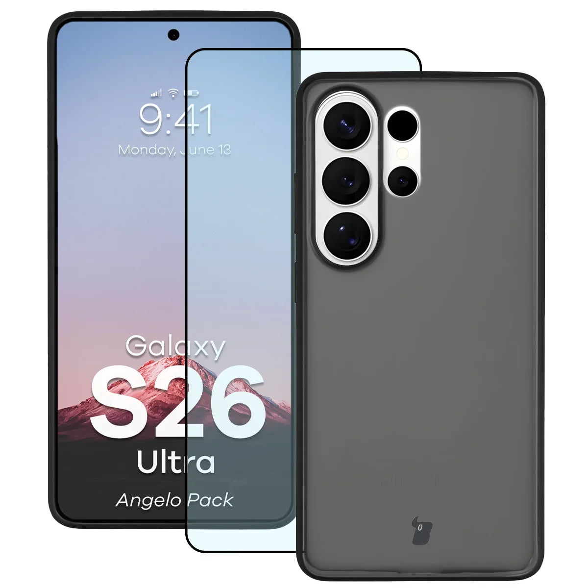 Schutzhülle + gehärtetem Glas für Galaxy S26 Ultra, Bizon Angelo Pack, Getönte mit schwarzem Rahmen