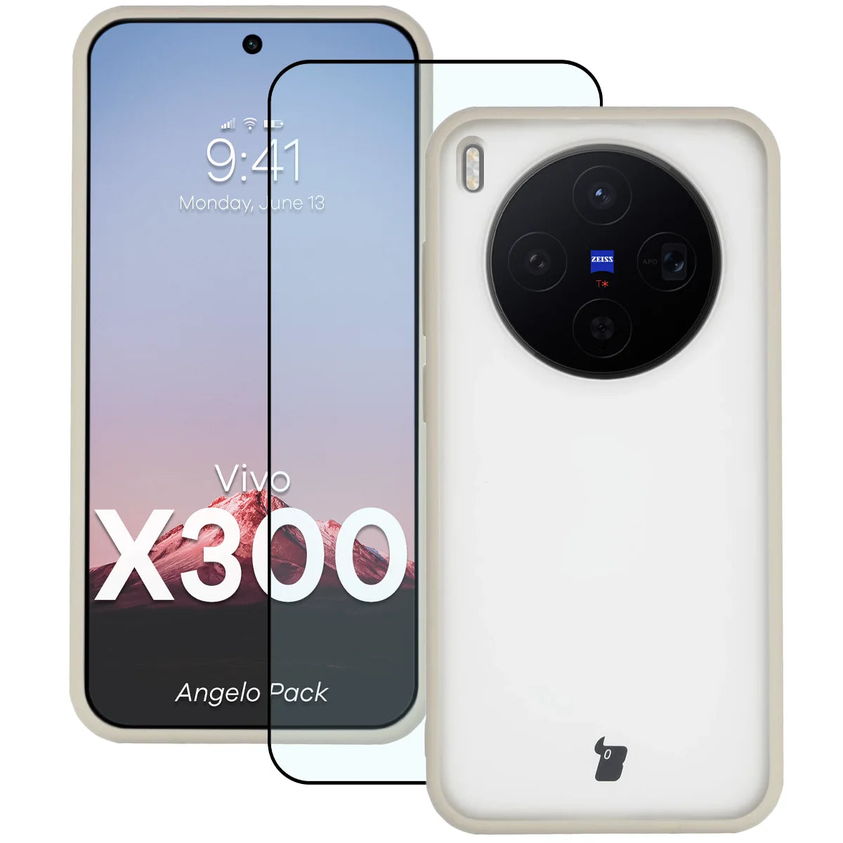Schutzhülle + gehärtetem Glas für Vivo X300, Bizon Angelo Pack, Semitransparent mit beigem Rahmen