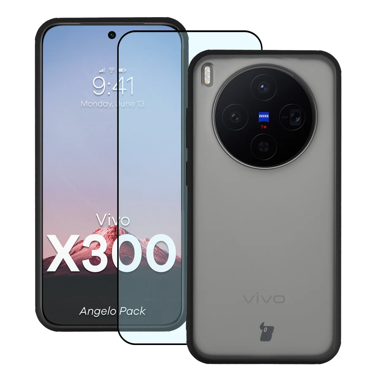 Schutzhülle + gehärtetem Glas für Vivo X300, Bizon Angelo Pack, Getönte mit schwarzem Rahmen