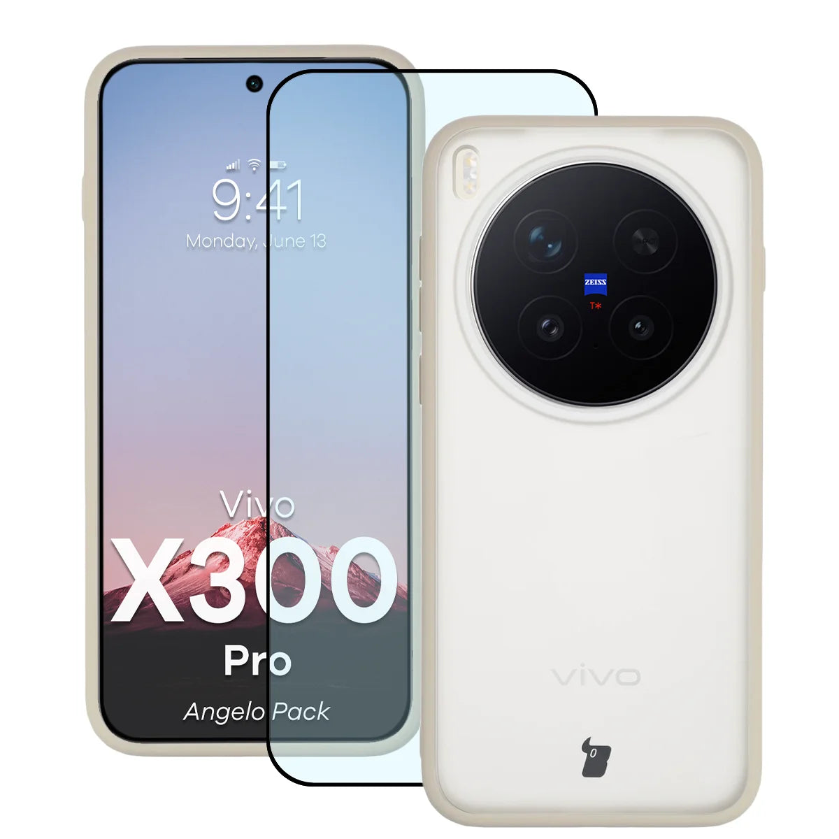 Schutzhülle + gehärtetem Glas für Vivo X300 Pro, Bizon Angelo Pack, Semitransparent mit beigem Rahmen