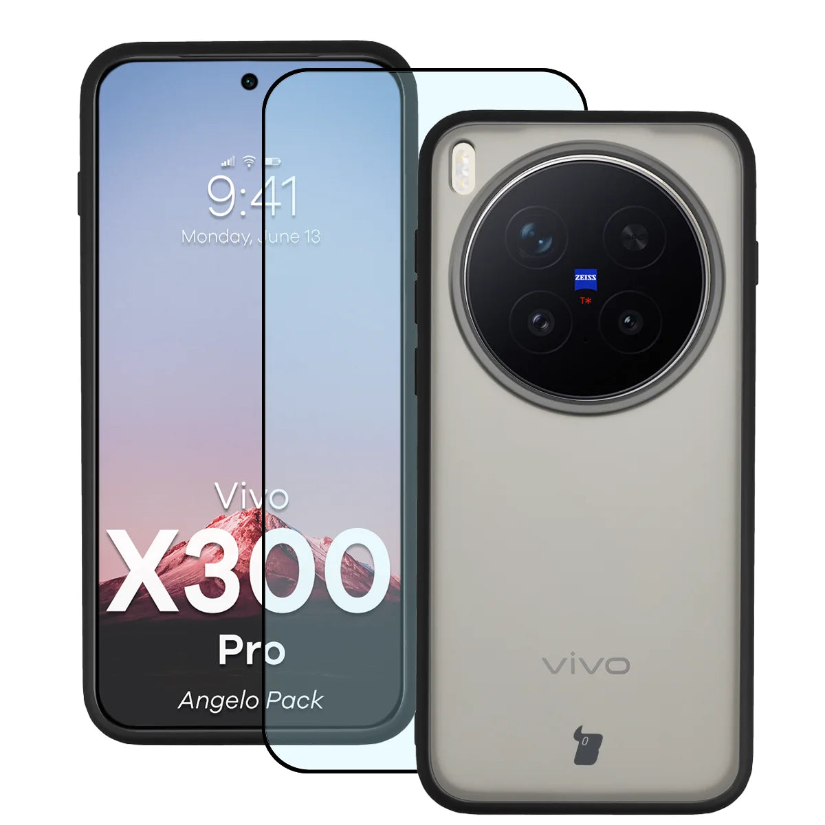 Schutzhülle + gehärtetem Glas für Vivo X300 Pro, Bizon Angelo Pack, Getönte mit schwarzem Rahmen