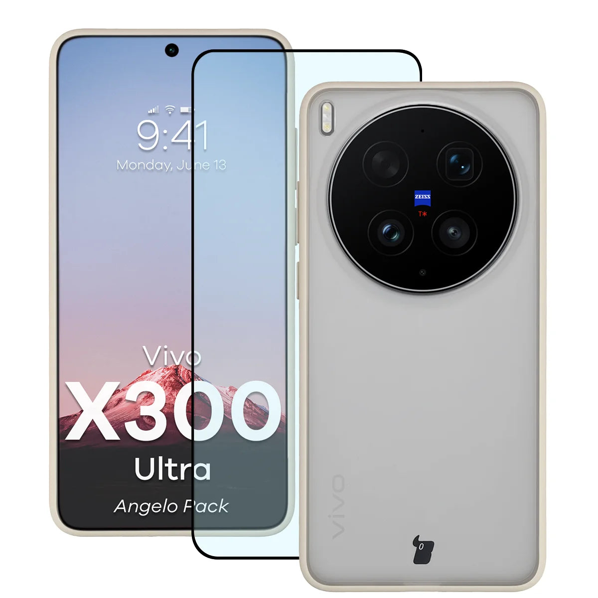 Schutzhülle + gehärtetem Glas für Vivo X300 Ultra, Bizon Angelo Pack, Semitransparent mit beigem Rahmen