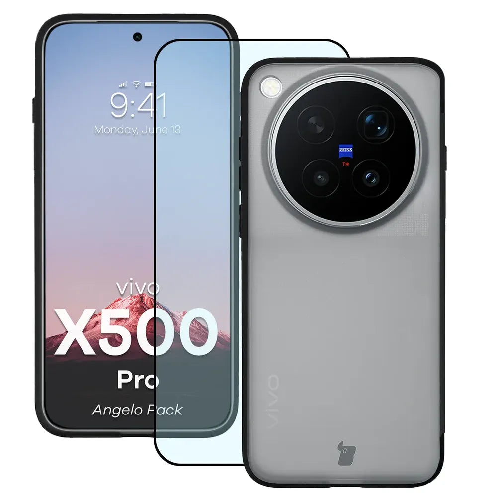 Schutzhülle + gehärtetem Glas für Vivo X500 Pro, Bizon Angelo Pack, Getönte mit schwarzem Rahmen (1/8)