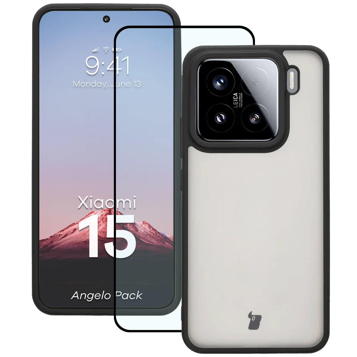 Schutzhülle + gehärtetem Glas für Xiaomi 15, Bizon Angelo Pack, Getönte mit schwarzem Rahmen