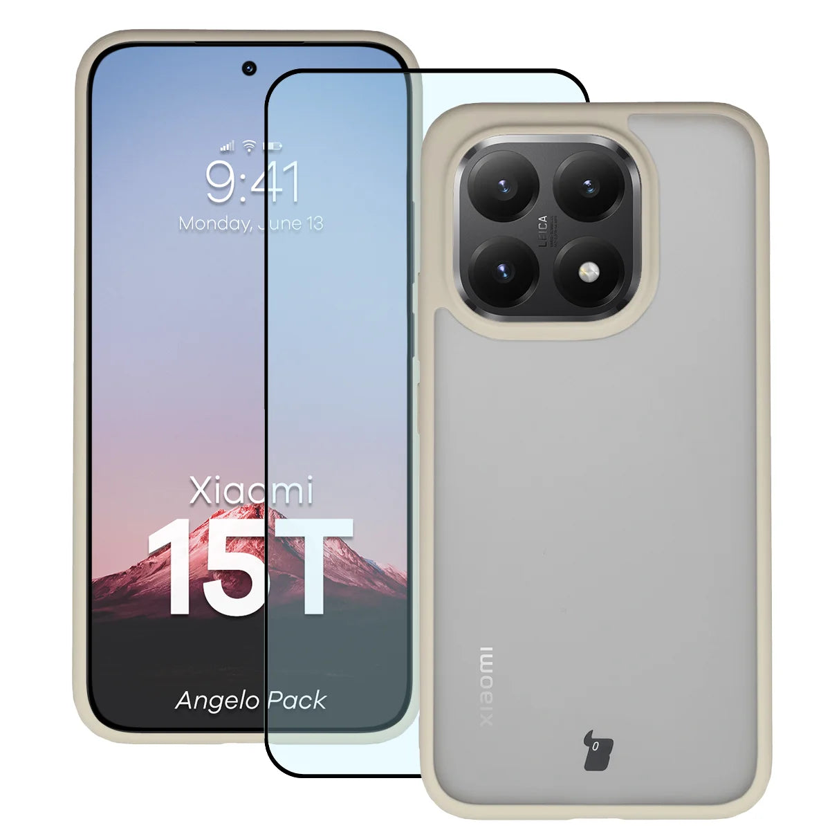 Schutzhülle + gehärtetem Glas für Xiaomi 15T, Bizon Angelo Pack, Semitransparent mit beigem Rahmen