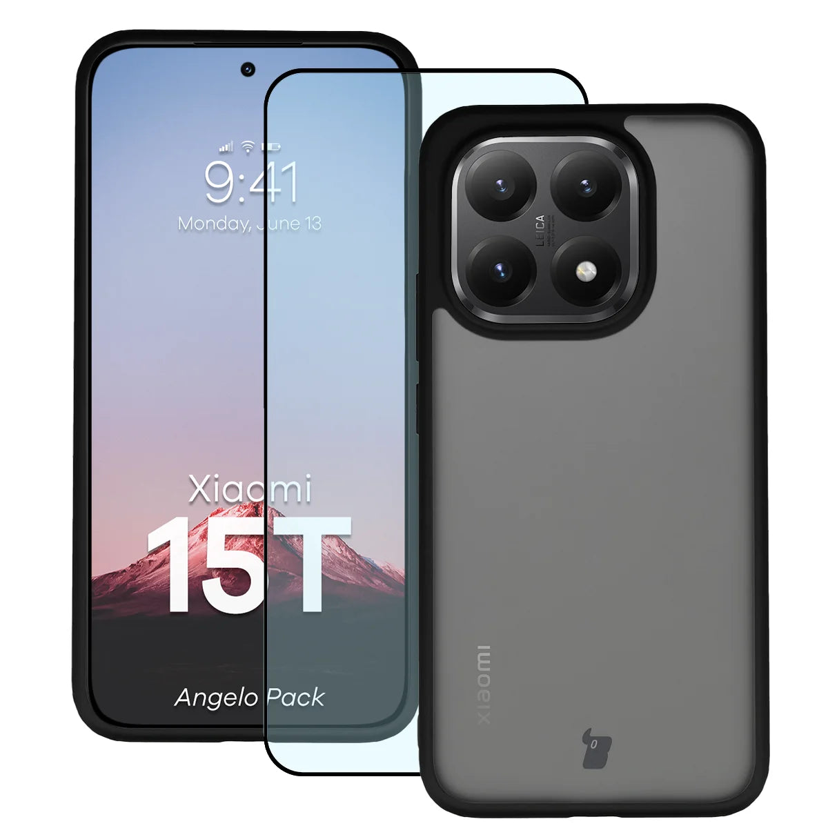 Schutzhülle + gehärtetem Glas für Xiaomi 15T, Bizon Angelo Pack, Getönte mit schwarzem Rahmen