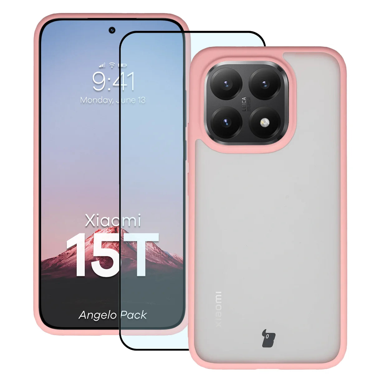 Schutzhülle + gehärtetem Glas für Xiaomi 15T, Bizon Angelo Pack, Semitransparent mit hellrosem Rahmen