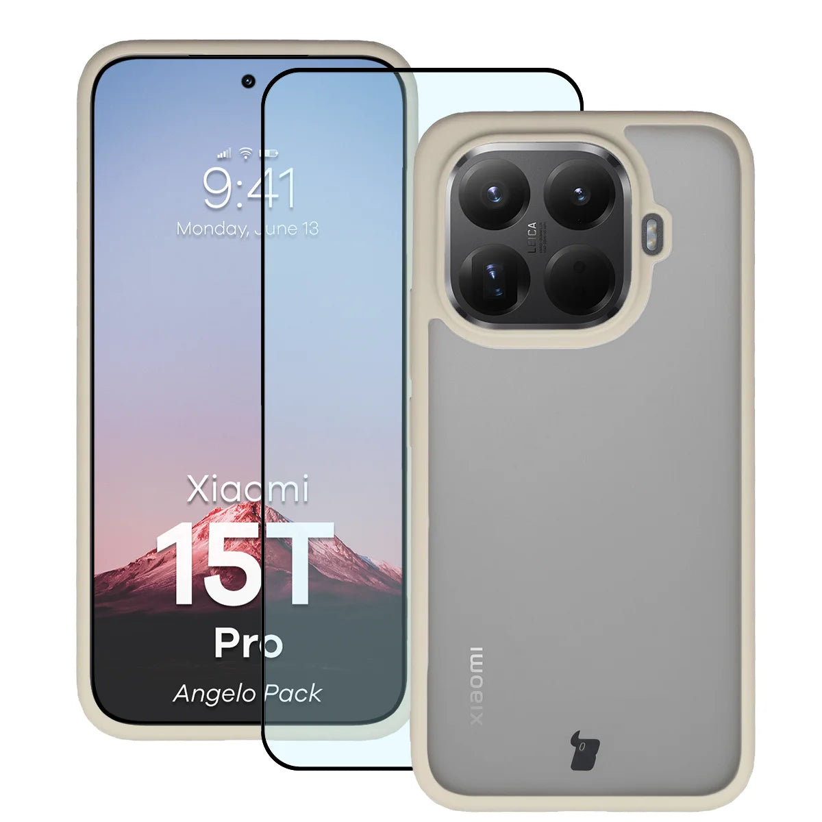 Schutzhülle + gehärtetem Glas für Xiaomi 15T Pro, Bizon Angelo Pack, Semitransparent mit beigem Rahmen