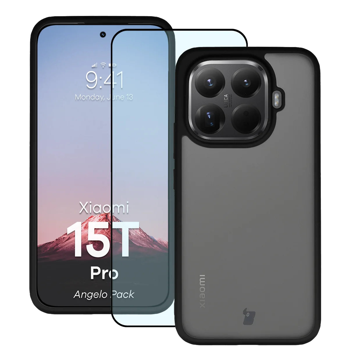 Schutzhülle + gehärtetem Glas für Xiaomi 15T Pro, Bizon Angelo Pack, Getönte mit schwarzem Rahmen